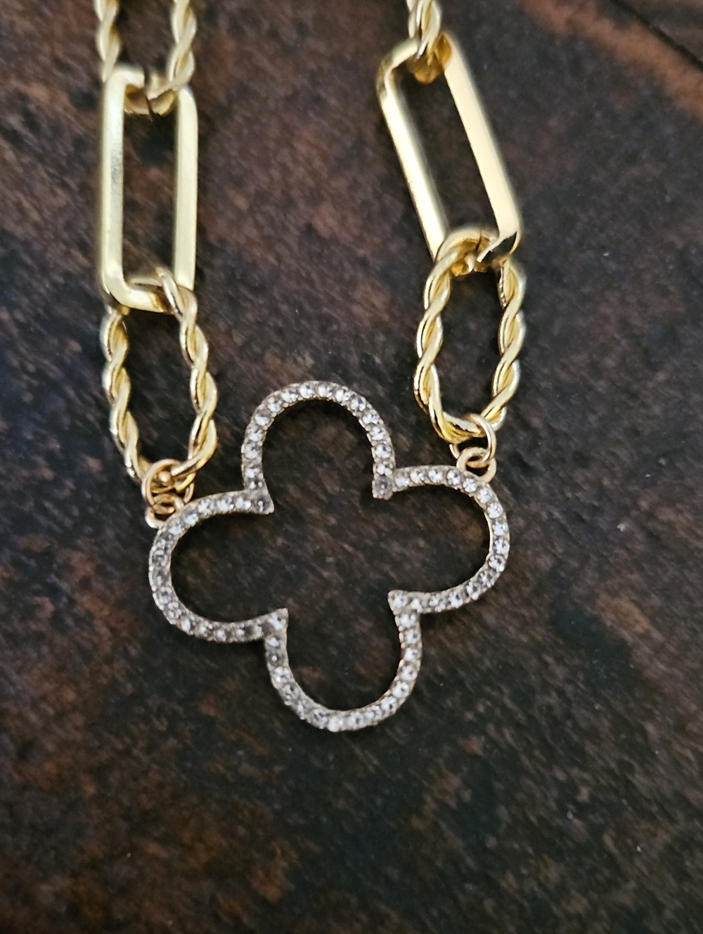 Gold tone Clover Pendant Necklace with Clear Crystals - Magnetic closure